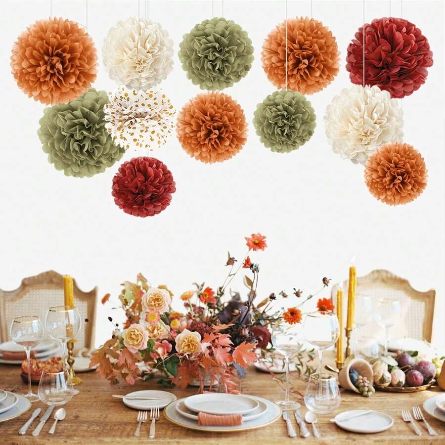 Decorações para festas de outono, 12 peças, abóbora, laranja, bordô, verde-sálvia, marfim, pompons de tecido, decoração de Ação de Graças para casa, casamento, aniversário, suprimentos para festas de colheita de outono
