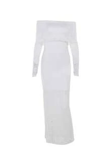 WOWDARK Women's Elegant Solid Color Off Shoulder Lace Long Sleeve Dress, Autumn - White - View 1