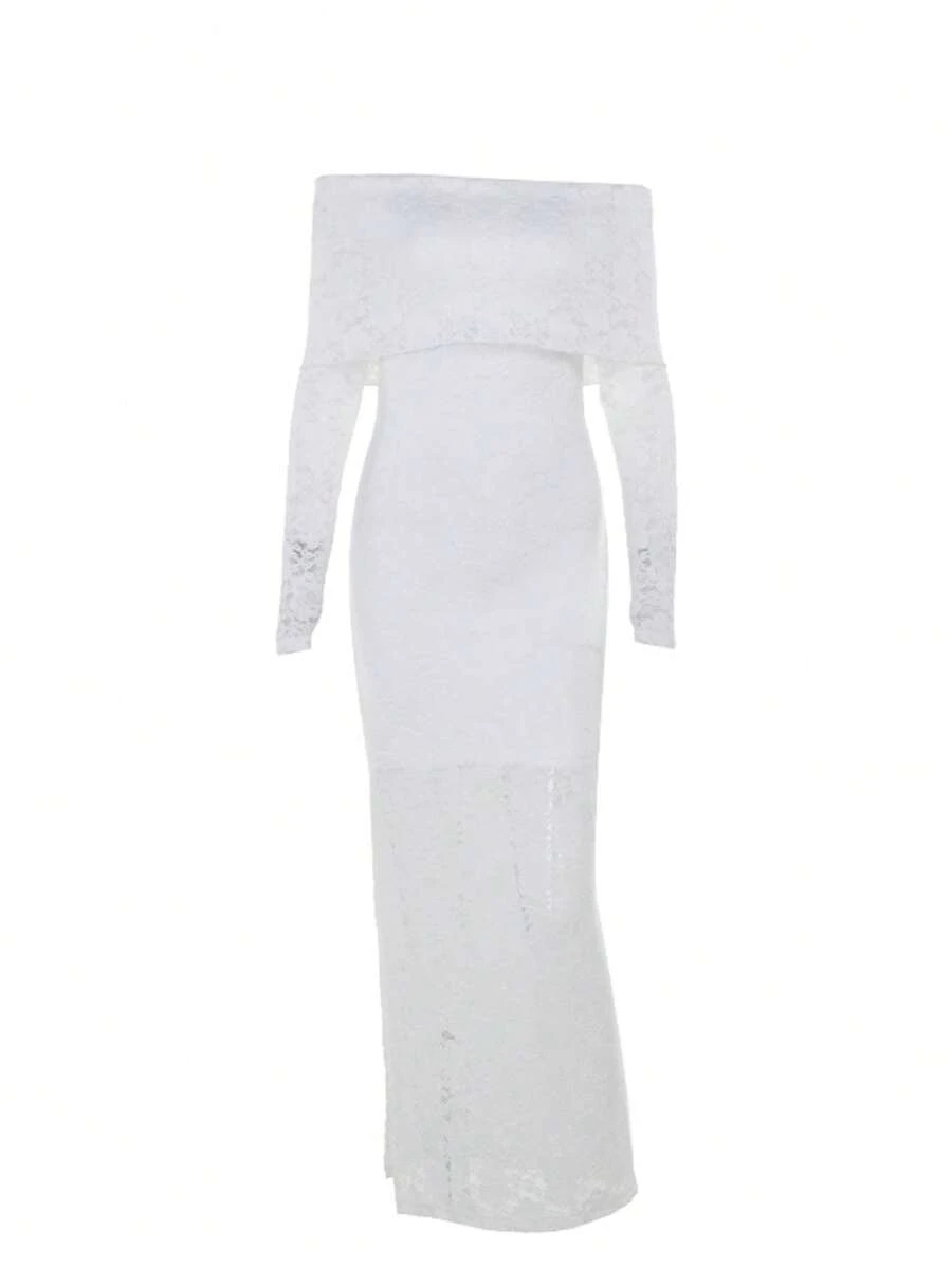 WOWDARK Women's Elegant Solid Color Off Shoulder Lace Long Sleeve Dress, Autumn - White - View 1