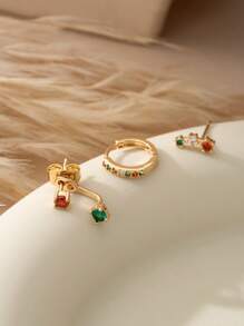3pcs Colorful Cubic Zirconia Stone Earring Set, Minimalist Design Copper Jewelry Suitable For Daily, Dating, Party Wear
