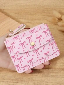 粉色蝴蝶结爱心图案拉链小钱包零钱包小钱包双折超薄女士钱包迷你薄、轻便、多层便携、身份证、信用卡简约、时尚、现代、商务、周年纪念、生日礼物、礼物、女孩、女士、女性、学校宿舍和返校用书包 - 粉色 - 查看 13