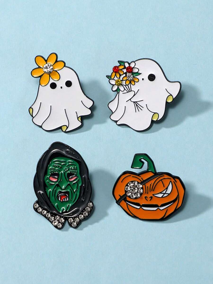 1pc Halloween Brooch Cartoon Alloy Drip Oil Dot Diamond Badge Diamond Cute Ghost Pumpkin Demon Clothing Decoration, Unisex Jewelry Costume Accessories Bag Charms Office Accessories