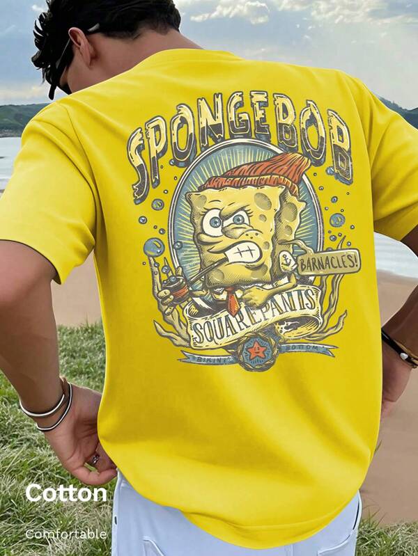 SPONGEBOB T-shirt da uomo in cotone a coste, stampa SpongeBob, abbigliamento sportivo da uomo in stile college per la primavera e l'estate, top a maniche corte da uomo gialli, alla moda, morbidi e traspiranti.
