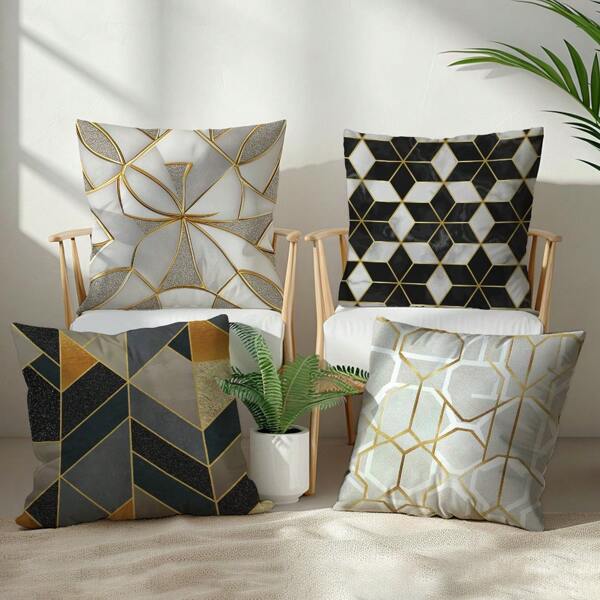 4pcs Simple Grey, Black & Gold Geometric Pattern Cushion Covers, Single-Sided Soft Flocking Material, 45*45cm Pillowcase Suitable For Indoor Decor, Party, Gift
