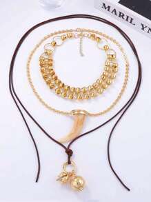 An Animal Horn Pendant Necklace, ZA, European And American , Multi-Layer Necklace, Wear Animal Horn Pendant Necklace, Light Luxury Alloy Geometric Pendant For Women