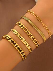 Bộ 5 chiếc vòng tay bằng thép không gỉ mạ vàng 18K, chống oxy hóa, thích hợp đeo hàng ngày, bộ trang sức vòng tay thời trang và thanh lịch dành cho nữ. - Vàng - Xem 2