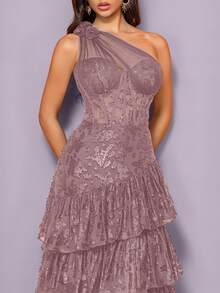 Women's Corset Fishbone Handmade 3D Flower Embroidered Sequin Slanted Shoulder Slit A Line Sexy Dress Adjustable Back Strap Suitable For Different Body ,Elegant Luxurious Long Dress For Women, Making Women Younger And More Charming, Suitable For Various Parties, Graduations, Weddings, Events And Various Banquets Dancing Parties, Formal Ball Gown Party Dress, Wedding Guest Dress ,Evening Dress(Deluxe Edition) - 藕粉色 - 查看 2