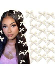 18 件女士蝴蝶结发带，小蝴蝶结发夹，小缎带发夹，迷你蝴蝶结发夹，女士女孩发饰，扁平爪夹，发夹，发夹 - 米色 - 查看 1