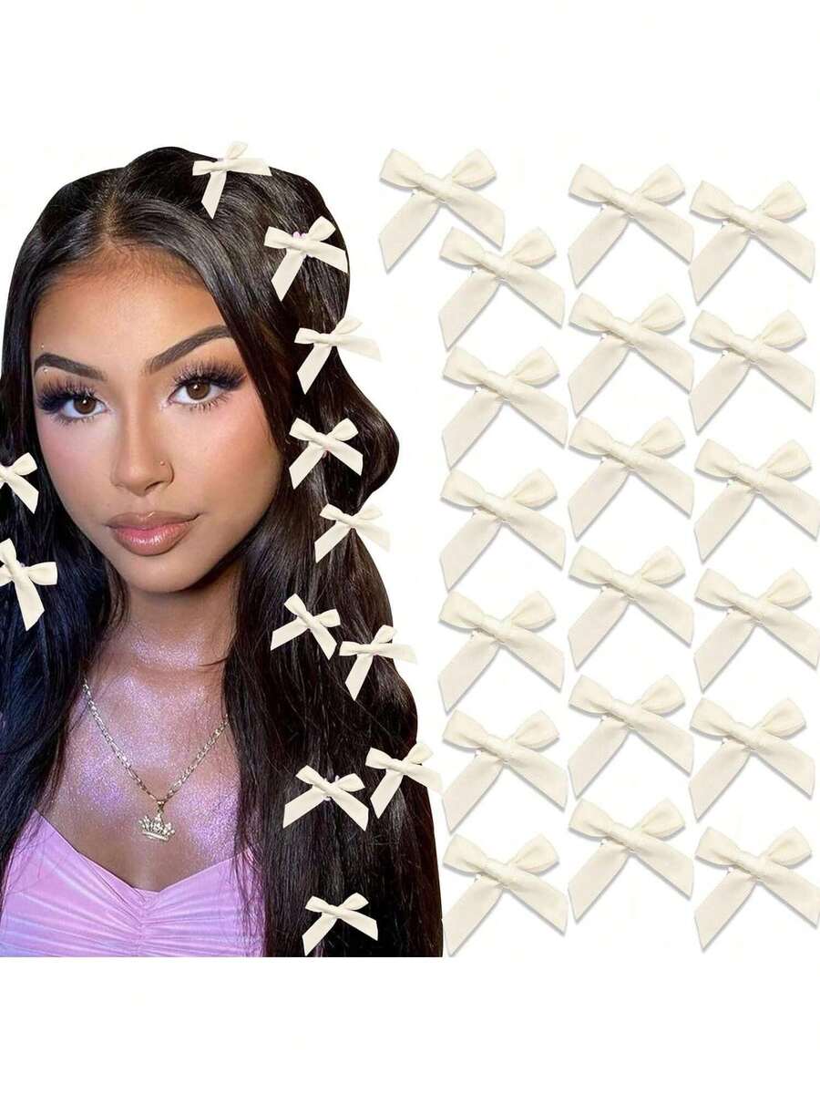 18 件女士蝴蝶结发带，小蝴蝶结发夹，小缎带发夹，迷你蝴蝶结发夹，女士女孩发饰，扁平爪夹，发夹，发夹 - 米色 - 查看 1