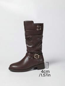 Women's Vintage British Style Brown Zipper Ankle Boots, Classic Comfort Fit, PU Leather Easy Maintenance, Insulated Lining, Versatile Foldover Calf Length Riding Boots, Ideal For Winter,Party