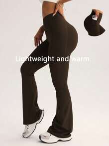 FWH 简约时尚运动服，宽松版型，全包覆设计，全天舒适；高腰剪裁，轻柔提臀；流畅的腿部线条，拉长腿部比例；隐藏式侧袋，保持流畅的廓形；轻松应对从办公室到户外活动的各种场合；复古喇叭裤款式；舒适的全天运动紧身裤。 - 棕色 - 查看 7