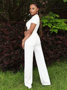 Steph T Women's New Casual Basic Sports Style Spring And Summer Round Neck Short-Sleeved Truncated T-Shirt + Wide-Leg Super Long Pants Rose Red Striped Texture Knitted Fabric Women's Two Pieces Set, Casual Relaxed Stretchy Summer Sets - White - View 6
