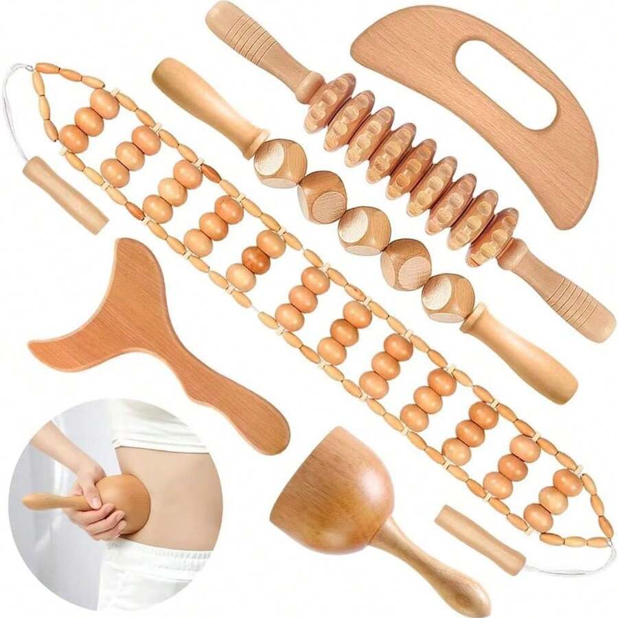 木制按摩工具、全身按摩器、手部按摩器、腿部按摩器、肩部按摩器、肩颈按摩工具、面部按摩工具、背部按摩器、腰部按摩器、全身肌肉按摩器、针对不同身体部位的多功能按摩器、身体放松工具、适合家庭使用 - 杏色 - 查看 1