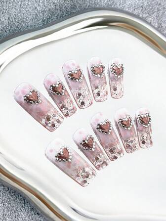 Unghie finte quadrate in stile french manicure, realizzate a mano con combinazioni di cristalli multicolore, design creativi dipinti a mano sfumati e a blocchi di colore, arte 3D fai-da-te con glitter - unghie artificiali finte a copertura completa, 10 pezzi/confezione