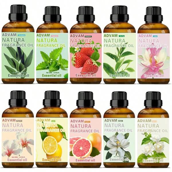 Juego de 10 aceites esenciales florales de 30ml, 1.01oz. Fl, 100% puro y natural. Aceites perfumados para difusores - Jazmín, Limón, Árbol de Té, Eucalipto, Pomelo, Magnolia, Loto, Almizcle, Fresa, Menta Piperita