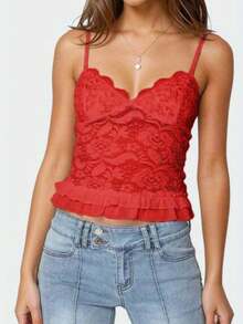 Lace Hot Girl Strappy Curve-Hugging - Red - View 1
