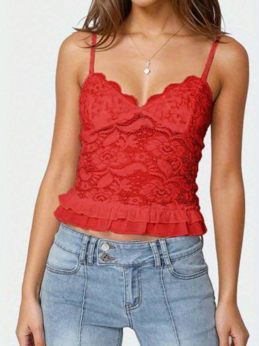 Lace Hot Girl Strappy Curve-Hugging - Red - View 1