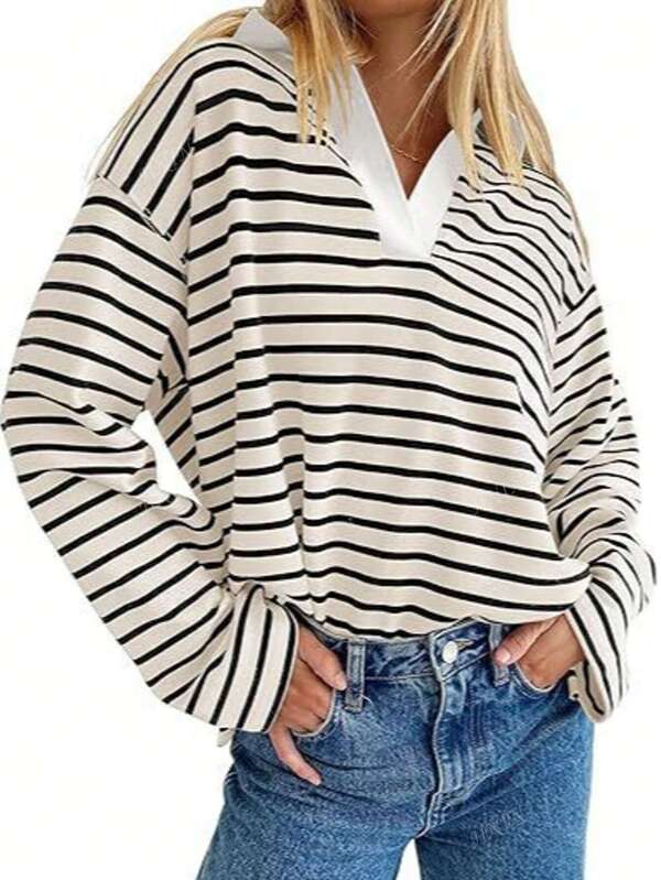Autumn/Winter Striped V-Neck Contrast Color Loose Long Sleeve Top
