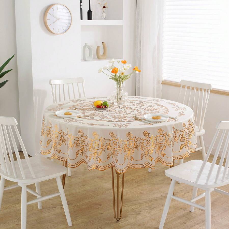 Rectangular&Circular Tablecloths With Hot Stamping Pattern Design, Oil Resistant, Easter Decoration, Party Tablecloths, Kitchen Accessories, Room&Outdoor Decoration, Perfect Gifts For Friends' Housewarming And Holidays - Khăn trải bàn tròn vàng đường kính 150 cm - Xem 1