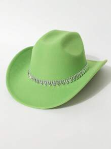 1 Peça Chapéu de Feltro Unissex, Chapéu de Feltro de Lã de Cor Sólida e Plano na Parte Superior com Decoração de Cinto em Formato de Diamante, Chapéu de Cowboy Ocidental Estiloso, Adequado para Noiva, Apresentação, Festa, Uso Externo, Todas as Estações