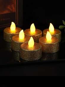 6/12/24 件电子茶蜡烛，浪漫无焰闪烁茶灯，许愿蜡烛，电池供电 LED 假蜡烛，适用于婚礼、周年纪念、订婚、晚宴装饰（金色、闪光） - 金色 - 查看 7