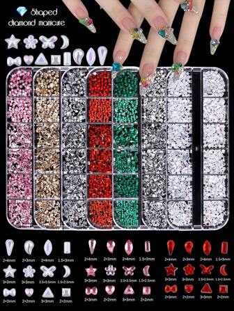 12-Compartment Box Of Nail Art Irregular Flat Rhinestones, Small Rhinestones For Nail Art, Body & Face Rhinestone Decor, DIY For Nails, Phones, Cups, Jewelry, Dolls & Other Decorative Items
