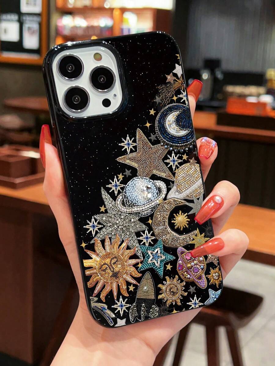 1 件时尚个性化星空与行星图形黑色果冻手机壳，兼容 16 Pro Max/16/16 Pro/16 Plus/15/15 Pro Max/15 Pro/11/12/13/14 Pro Max/11 Pro/11 Pro Max/12 Pro/12 Pro Max/13 Pro/13 Pro Max/14 Pro/14 Pro Max，软壳，高端创意设计