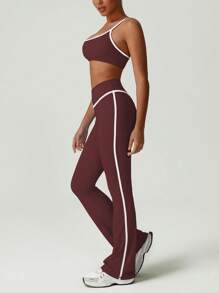 GOSOUER 2 pièces Set de sport pour femme, soutien-gorge de sport à couleur contrastée à la mode et pantalon évasé de danse de gym à taille haute sans couture avant