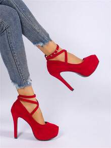 方头踝带细高跟鞋，防水厚底正装高跟鞋，欧式婚鞋，黑色礼服高跟鞋，简约订婚伴娘高跟鞋，纯色办公室鞋 - 熱烈紅色 - 查看 1