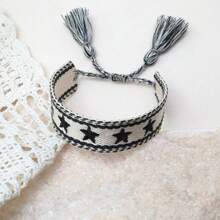 1pc Handmade Star Decor Braided Bracelet, Vintage Tassel Boho Style Wristband, Suitable For Friends, Family, Students, Holiday Gifts, Party, Travel, Blessing Bracelet - Black and White - View 7