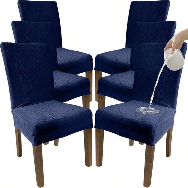 Waterproof Dining Chair Covers Set Of 6 - 3 Layers Thick Fabric Parsons Chair Slip Covers - Jacquard Kitchen Chair Covers &Amp; Stretch Protectors Dining Room, Restaurant - Removable Washable (Navy Blue)