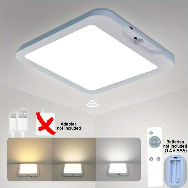 1PC Rechargeable Ceiling Light, No Wiring Battery Operated Ceiling Light With Remote, 3 Color Modes Motion Sensor Dimmable Timing Motion Ceiling Light For Closet Bathroom Shower Pantry Hallway Porch