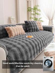 1pc Plush Stitching Sofa Cushion, Simple Style Soft, Anti-Slip And Dirt-Resistant Sofa Pad For All Seasons - Grey - View 2