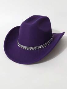 1 Peça Chapéu de Feltro Unissex, Chapéu de Feltro de Lã de Cor Sólida e Plano na Parte Superior com Decoração de Cinto em Formato de Diamante, Chapéu de Cowboy Ocidental Estiloso, Adequado para Noiva, Apresentação, Festa, Uso Externo, Todas as Estações