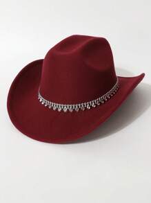 1 Peça Chapéu de Feltro Unissex, Chapéu de Feltro de Lã de Cor Sólida e Plano na Parte Superior com Decoração de Cinto em Formato de Diamante, Chapéu de Cowboy Ocidental Estiloso, Adequado para Noiva, Apresentação, Festa, Uso Externo, Todas as Estações