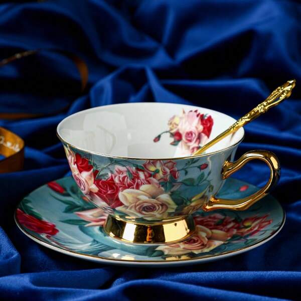 BAOFULL Elegant Rose Bone China Coffee & Tea Set - 7oz Cups With Non-Slip Dishes & Spoons, Hand Wash Only, Ideal For Adult Gift, Mother'S Day, Tea Parties & More, Adult Gift Item Elegant Rose Design Durable Bone China