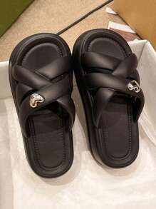 Damen weiche EVA leichte bequeme flache Plateau-Riemen-Slip-On-Pantoffeln, 6cm hohe Sohle, lässige Sommer-Strand-Slide-Sandalen