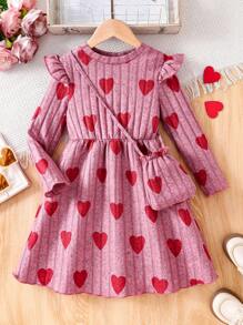 2Pcs Girls Dresses Set, Ribbed Knit Belted Heart Print Long Sleeve Dress + Matching Shoulder Bag, Comfortable & Skin-Friendly Outfit For Girls Everyday Wear, Fashionable & Active, Feminine Style