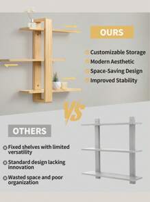 Etagere Murale en Bois, Étagère Flottante à 3 Niveaux, Étagère Décorative en Bois Massif avec Tablettes Amovibles, 50x58 cm, pour Salon et Chambre