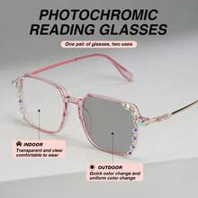 1 件女士超大变色老花镜，镜片带感光可调色调，闪亮水晶装饰镜框，优雅双光眼镜，室内外舒适