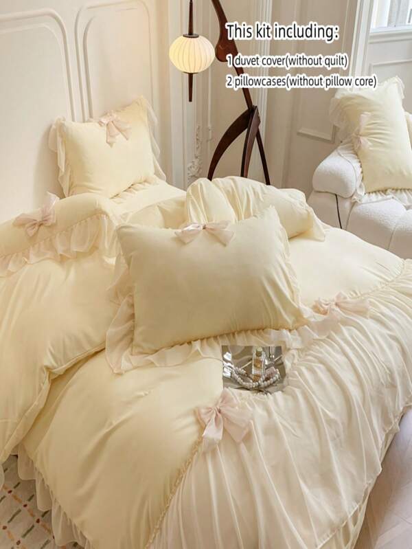 3 pièces Set de literie style princesse blanc avec nœud papillon en dentelle : Housse de couette et taies d'oreiller
