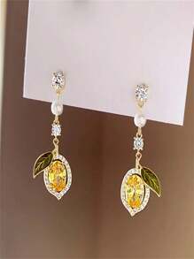 1 Pair Rhinestone Lemon Fruit Designed Luxury Elegant Long Earrings, Delicate Jewelry Accessory For Women, Suitable For Daily Casual Wear