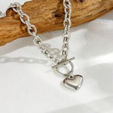 1pc Fashionable Gold Stainless Steel OT Clasp Heart Pendant Necklace, Summer