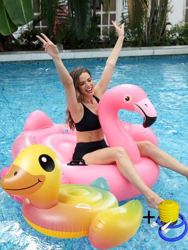 2pcs/Set Flamingo & Duckling Inflatable Pool Floats - Buy 1 Get 1 Free With Air Pump, Funny Pool Floats, Inflatable Beach Bed, Swimming Ring, Summer Pool Raft Lounge Chair, Suitable For Adults