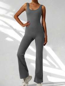 Yefecy 女士运动喇叭连体裤，健身、跑步、瑜伽，收腹，高弹力运动连体裤，性感露背紧身提臀瑜伽V背夏季款 - 淺灰色 - 查看 3