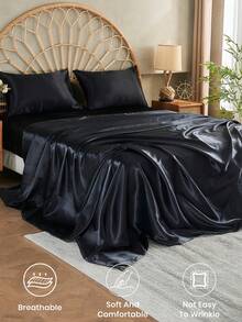 3/4pcs Satin Fitted Sheet Set, Bedding, Bed Sheets, Bed Cover, Silk Fitted Mattress Cover, Skin-Friendly And Comfortable Fitted Sheet For Bedroom, Solid Color Satin Bed Sheets, Deep Pocket Cooling Breathable Bedding, Soft And Silky Minimalism Style Bedding Sheet(1pc Fitted Sheet+1pc Flat Sheet+1/2pcs Pillowcases) - Black - View 5