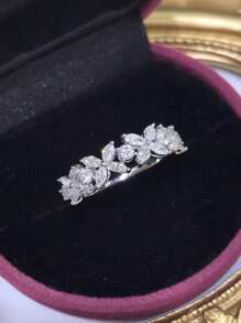 1pc Fashion Simple Four-Leaf Clover Single-Row Shiny Cubic Zirconia Rings For Women Copper Band White K Plated Accessories For Daily Wear And Party