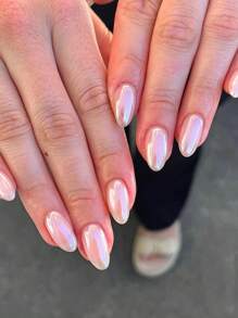 Instantly Upgrade Your Look With 24pcs Press On Nails Medium, Fashionable Street Business Casual Fake Nails, Modern Classic Minimalist Nordic Style, Aurora Electroplating, Nude Pink Oval Fake Nail Set, Suitable For Elegant And Gentle Girls And Women To Use In Daily Life. Exquisite Detachable Fake Nail Plates Make Your Fingers More Charming