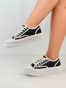 Lace-Up Round Toe White Sneakers, Versatile Thick Sole Casual Shoes, Preppy Style Canvas With Contrasting Trim, Suitable For Beach, Office, Home, All Seasons - Black - View 2