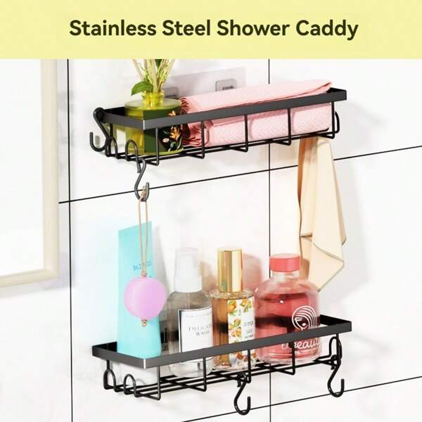 2 pièces Étagère de douche en acier inoxydable, sans perçage et anti-rouille. Étagères adhésives imperméables avec grande capacité pour organiser et ranger la salle de bain. Montage mural pour la cuisine et la décoration de la maison